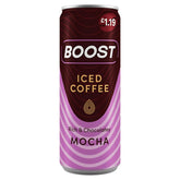 A 250ml can of Boost Iced Coffee Mocha, priced at £1.19, features a brown and purple design with "Rich & Chocolatey" on the label.